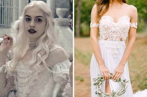 On the left, Anne Hathaway as the White Queen in Alice in Wonderland, and on the right, someone wearing an off-the-shoulder wedding dress