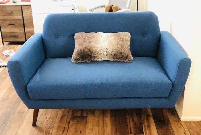 a reviewer photo of the blue loveseat