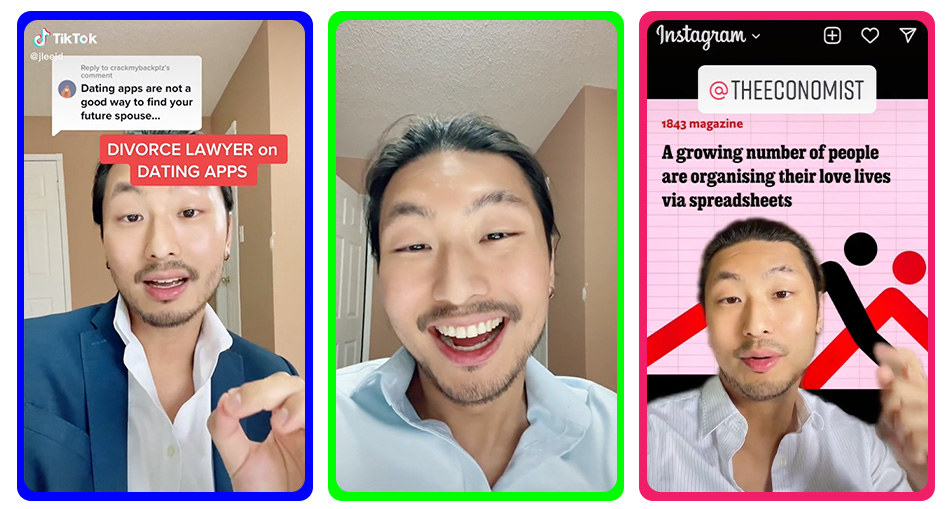 Three screen grabs from TikTok of Justin Lee (@jleejd) giving advice on dating