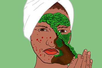 A woman with a towel on her head peeling a cosmetic face mask made of sprouting plants from her face. her face still has pimples.