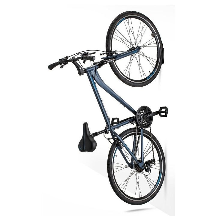 a black bike hanger supporting a blue bicycle