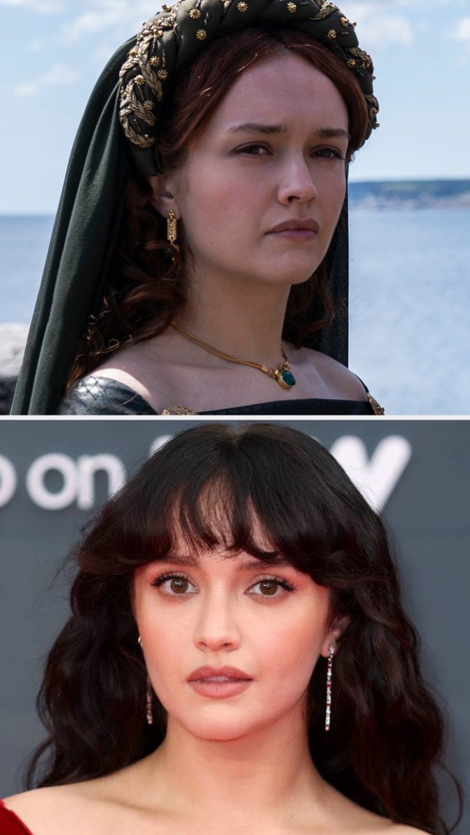 Olivia Cooke in costume as Alicent above an image of Olivia on the red carpet with full makeup and hair done