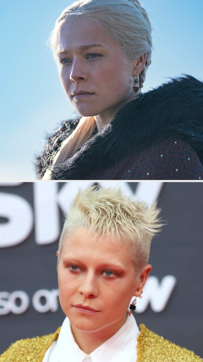 Emma D&#x27;Arcy in character as Rhaenyra above an image of Emma D&#x27;Arcy on the red carpet wearing dark eye makeup with her hair cropped short
