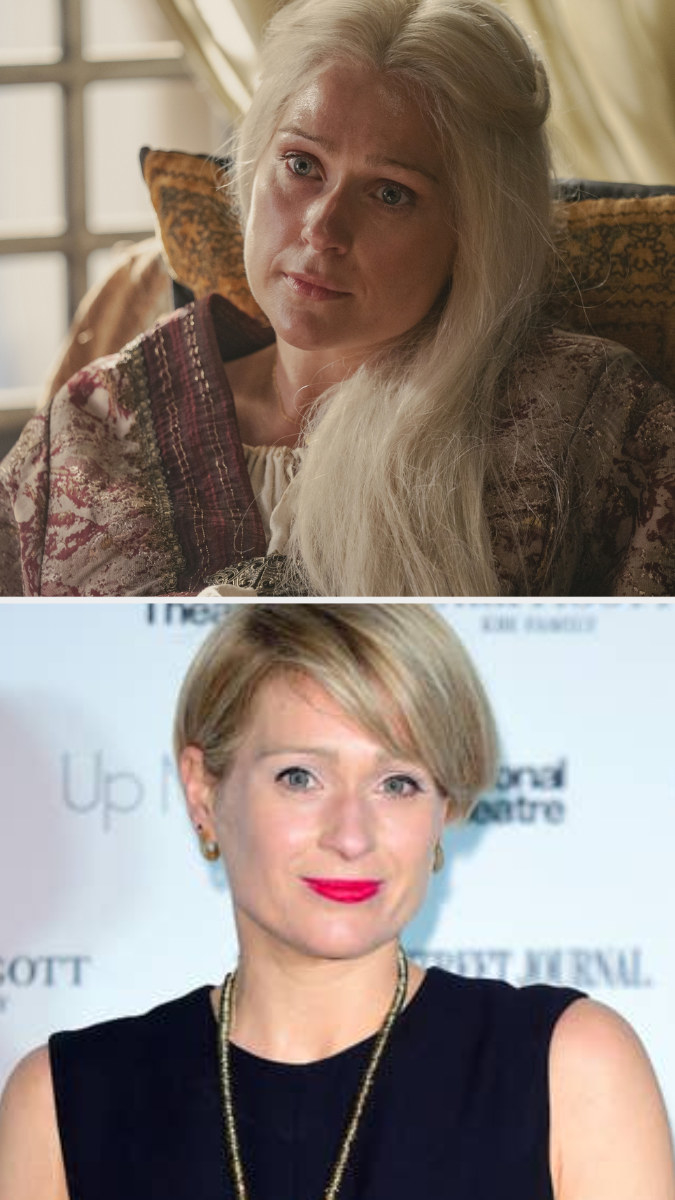 Sian Brooke in costume as Aemma Arryn above an image of Sian on the red carpet