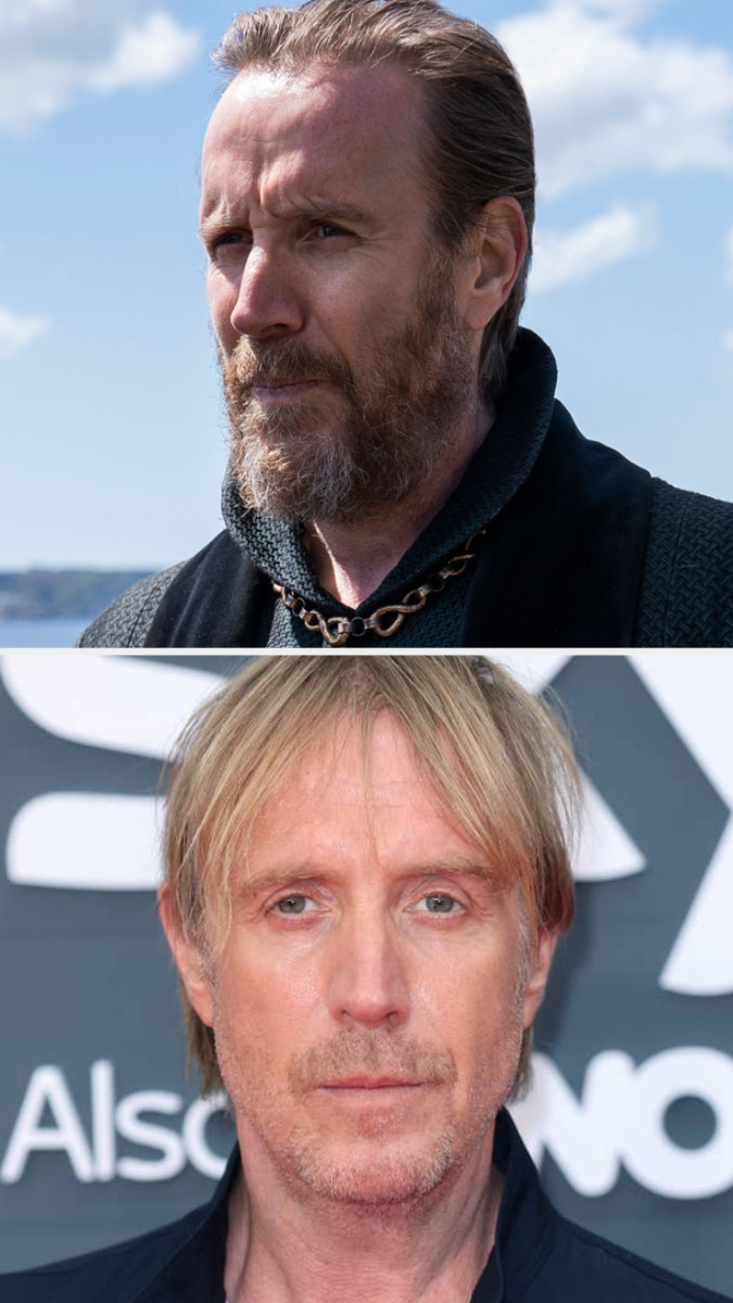 Rhys Ifans in costume as Otto Hightower above an image of Rhys on the red carpet