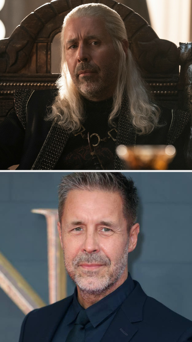 Paddy Considine in costume as Viserys Targaryen above an image of Paddy on the red carpet