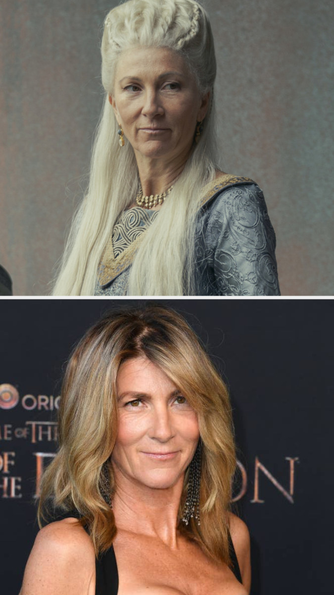 Eve Best in costume as Rhaenys above an image of Eve Best on the red carpet