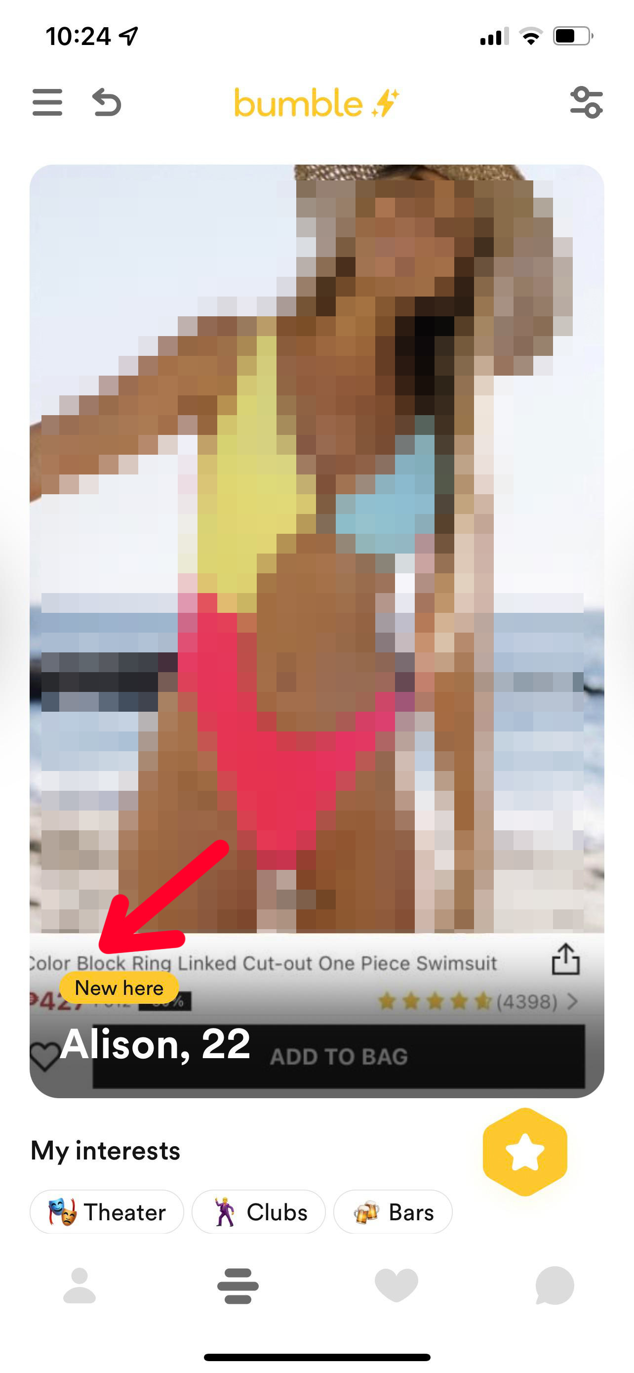 Someone&#x27;s Bumble photo is a screenshot of a woman in a swimsuit, with the shopping site the photo was pulled from clearly visible