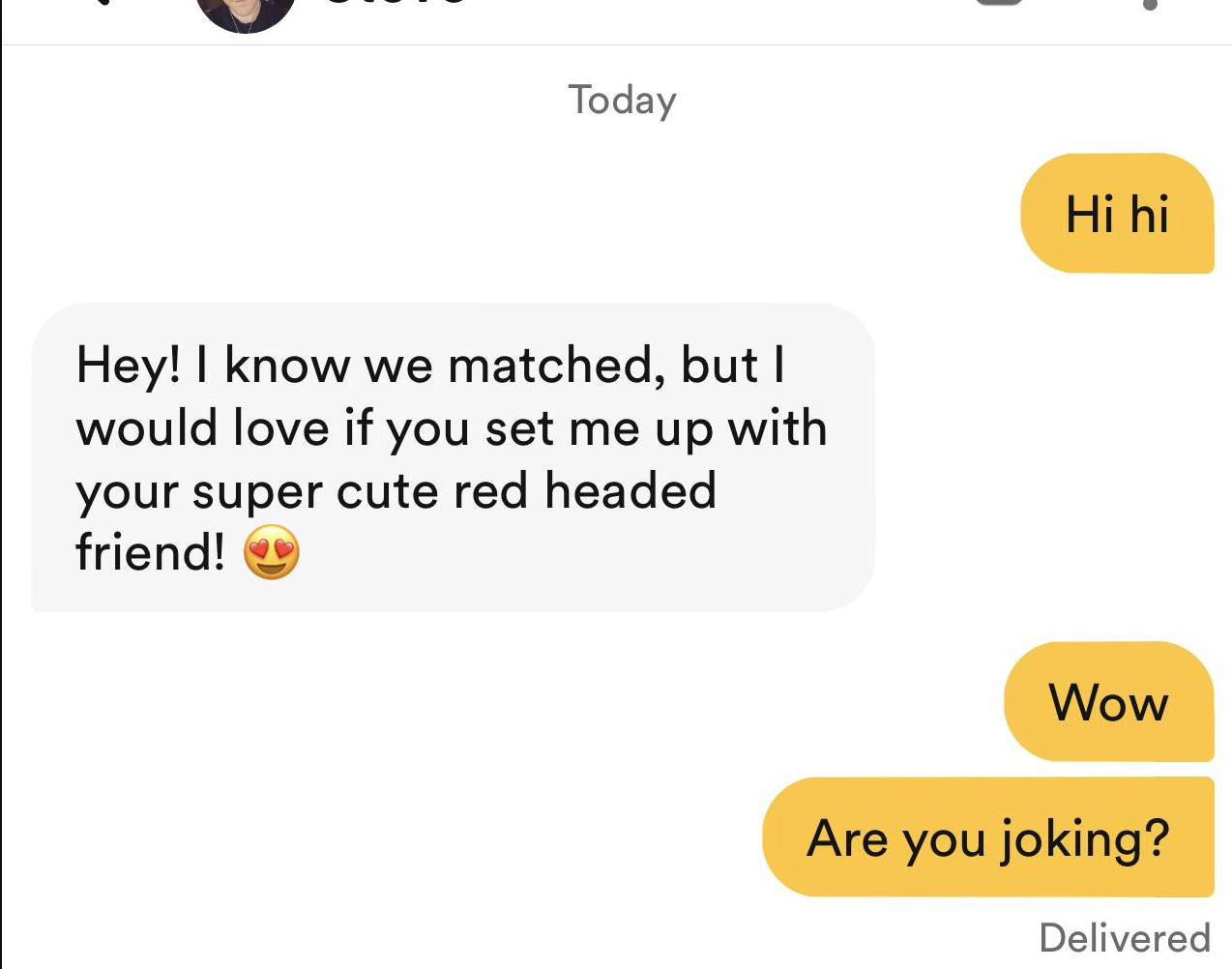 Someone&#x27;s match says &quot;I would love if you set me up with your super cute red-headed friend&quot;