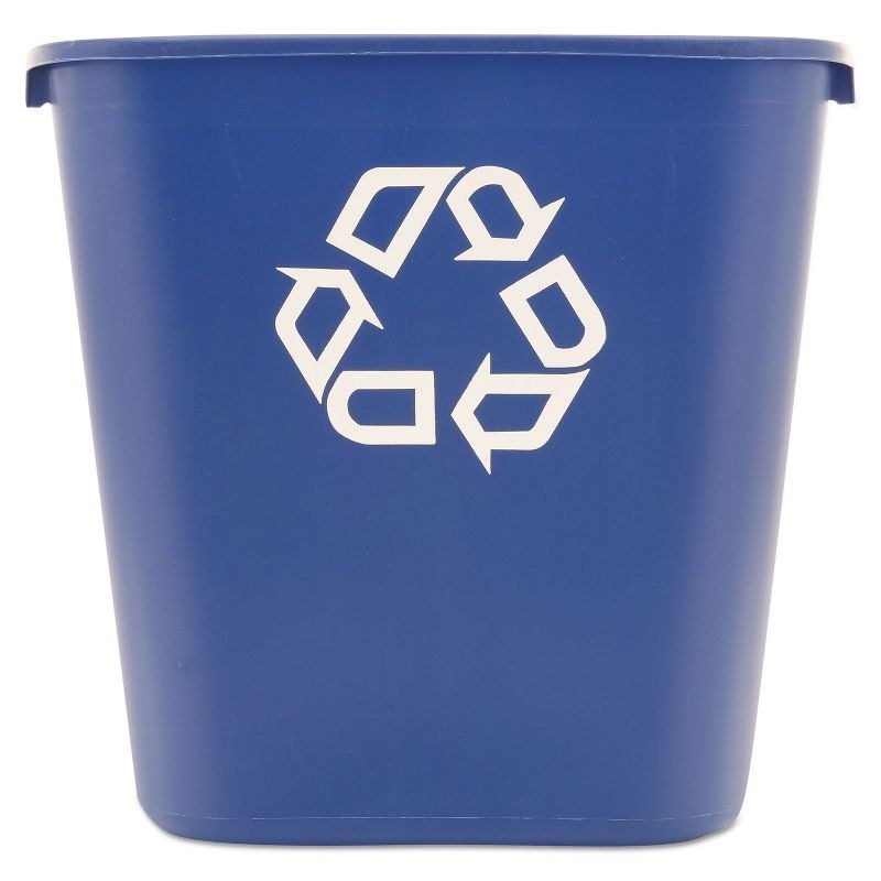 a blue recycling bin