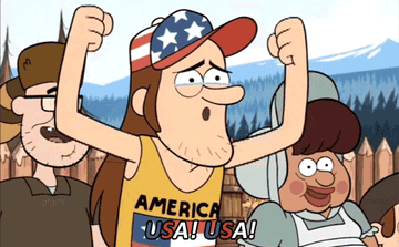 A cartoon character wearing a hat and singlet with the American flag on it saying &quot;USA! USA!&quot;