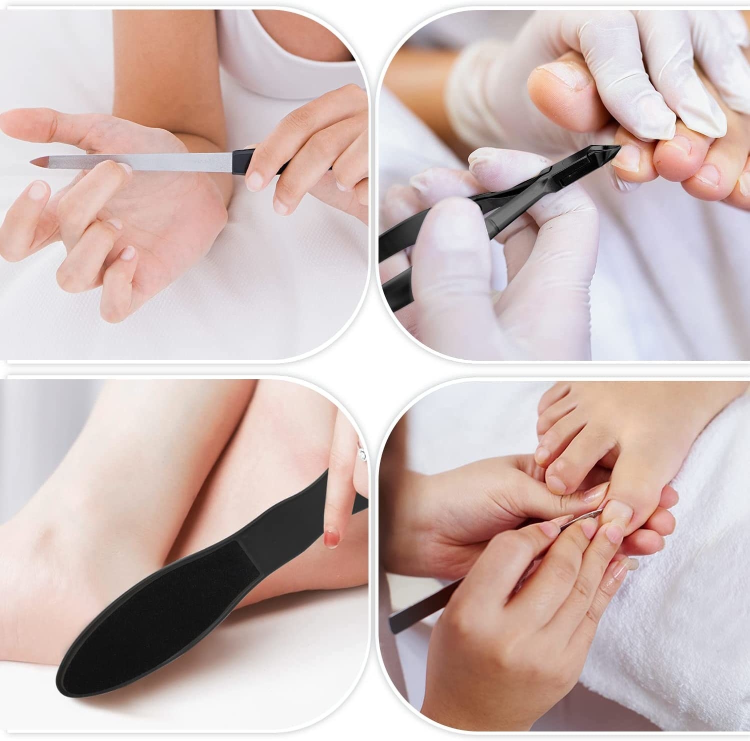 Four-way split image showing the tools being used on various fingers, toenails, and heels