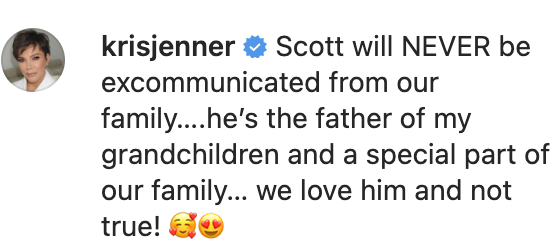 &quot;Scott will NEVER be excommunicated from our family...he&#x27;s the father of my grandchildren and a special part of our family... we love him and not true!&quot;