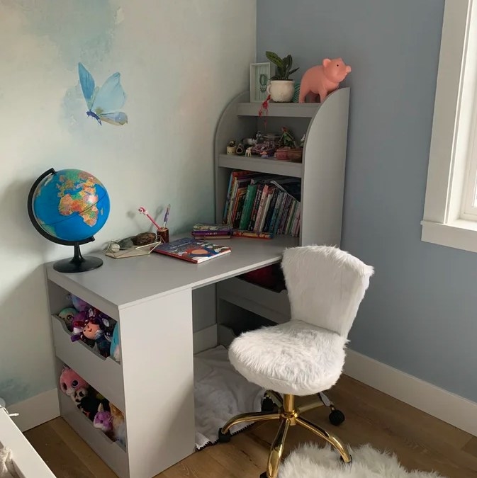 A reviewer&#x27;s image of the dove grey kids art desk with optional hutch
