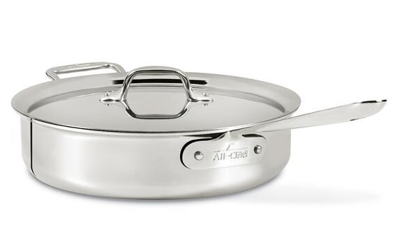 stainless steel sauté pan and lid with a long handle on one side and a helper handle on the other