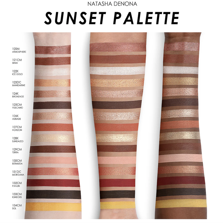 Three models arms of different skin tones with the palette swatches