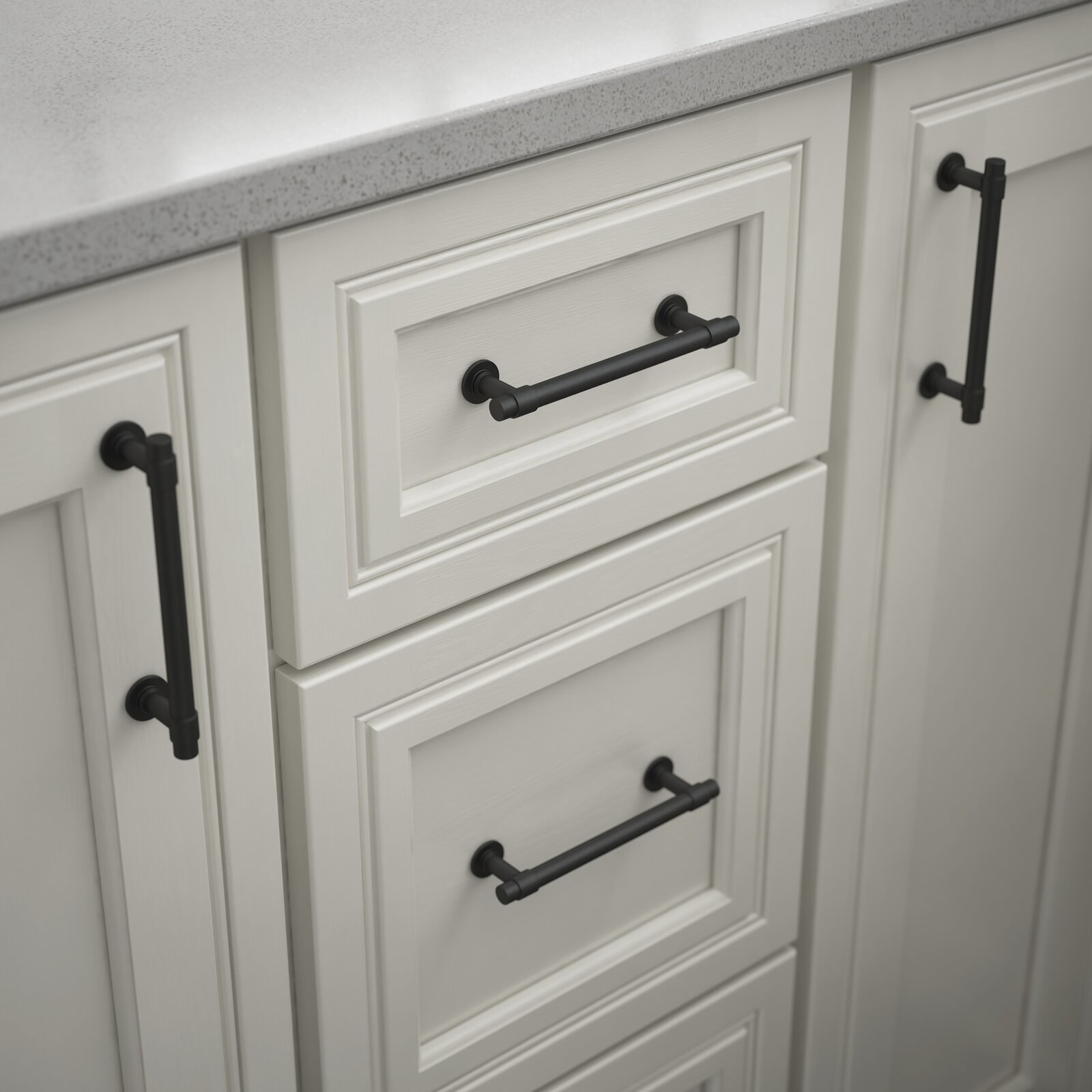 black bar-shaped pulls on white cabinets and drawers