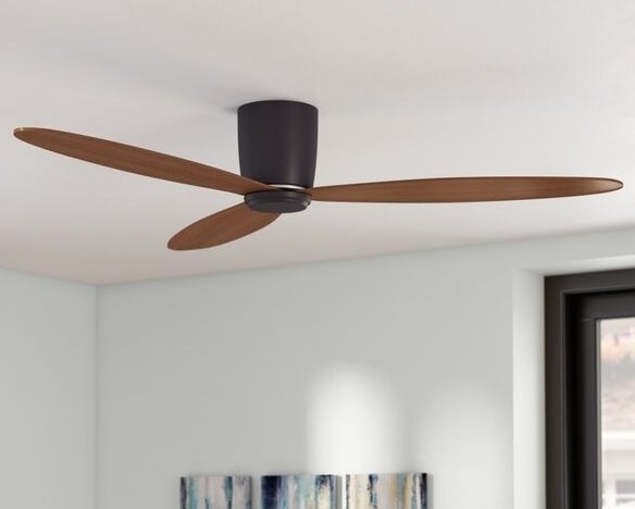 three blade ceiling fan with no light with brown wood blades and a black base