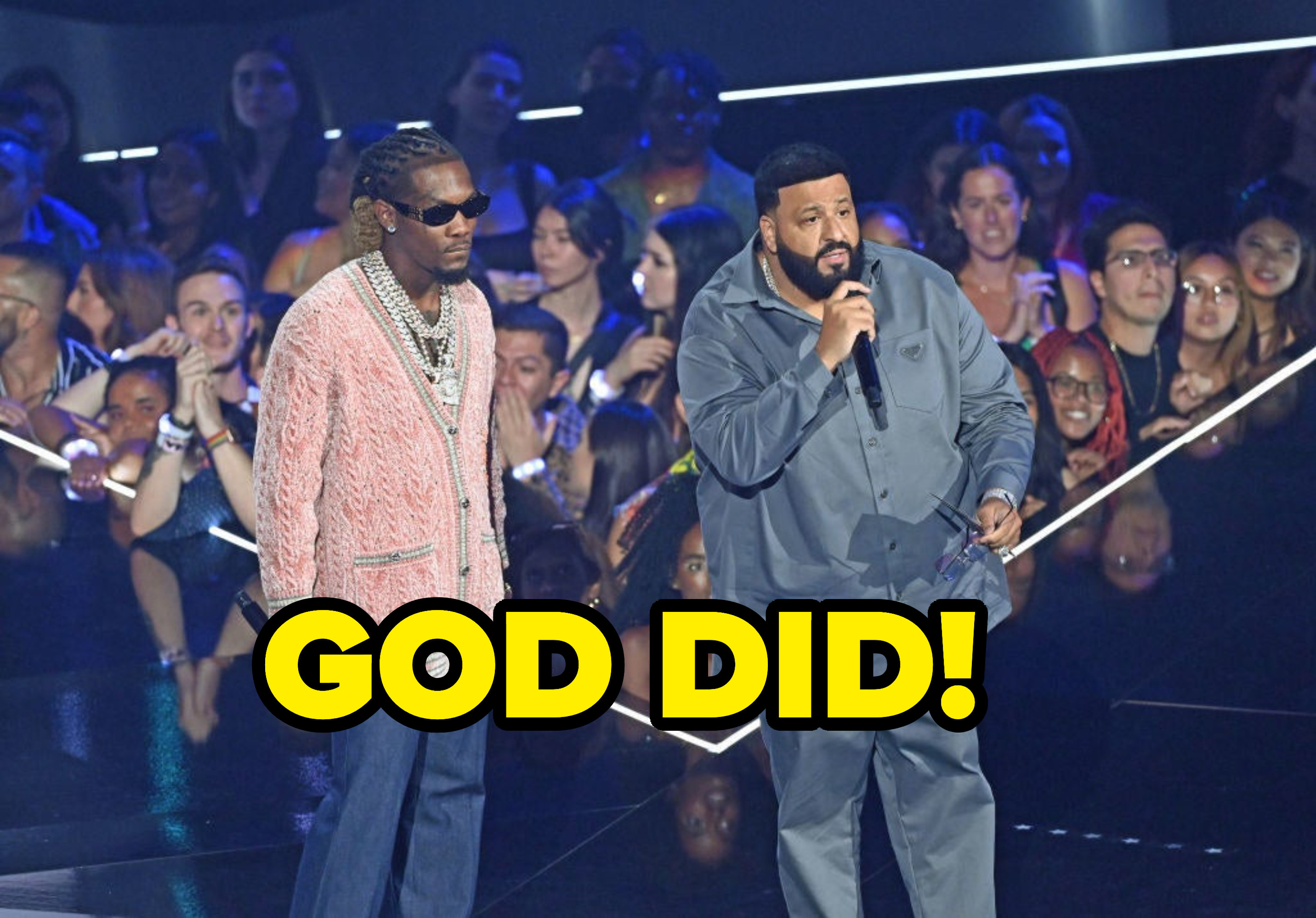 DJ Khaled with Offset holding a microphone with the caption &quot;God Did!&quot;