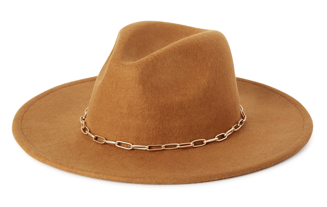 A tan felt hat with a gold chain around the center