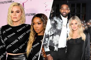 Khloé Kardashian and Malika Haqq wear black and white sweaters from Pretty Little Thing. Tristan Thompson wears a black and white jacket with a white shirt, black pants and a gold chain, while Khloé Kardashian wears a black ruched dress.