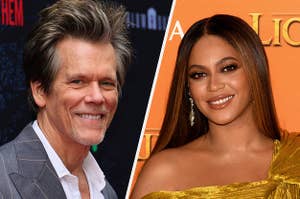Kevin Bacon wears a gray suit with his hair spiked. Beyoncé wears a gold dress with a wrapped detailing and dangling earrings.