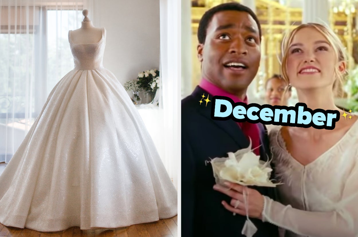 On the left, a ball gown wedding dress on a mannequin, and on the right, Peter and Juliet from Love, Actually smiling on their wedding day labeled December