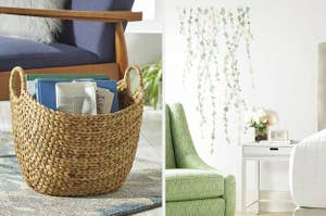 A boat basket on the left and a leafy, botanical wall decal on the right