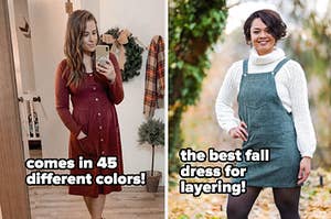skater dress on the left and pinafore dress on the right