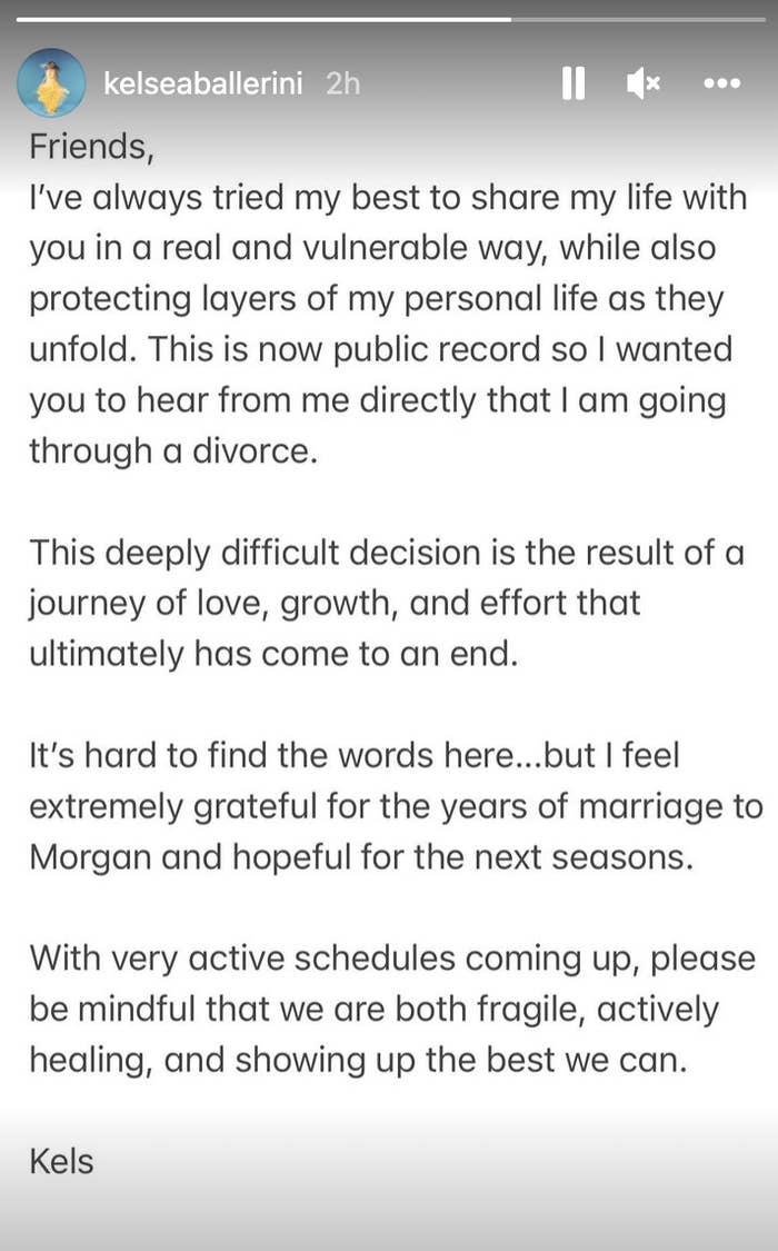 A screenshot of Kelsea&#x27;s Instagram story, which announces the divorce and asks people to be aware of how fragile she and her ex are right now