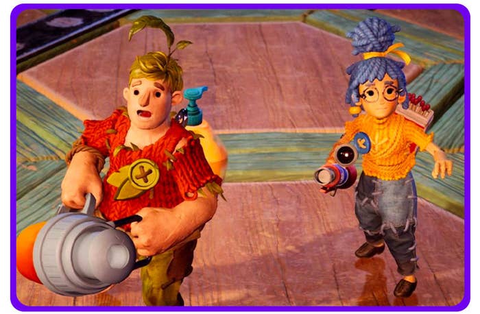 It Takes Two&#x27;s playable charactes Cody and May. They are dolls made of craft supplies. Cody holds the cap of a waterbottle that is filled with pine sap. May holds a &quot;rocket launcher&quot; that launches lit matches.