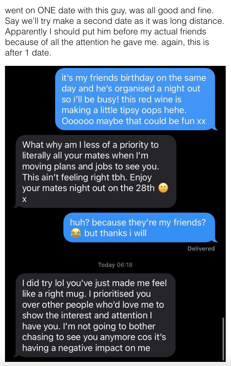 A woman says she can&#x27;t go out one night because she&#x27;ll be hanging out with her friends, then the man gets angry and asks why she isn&#x27;t making him a priority
