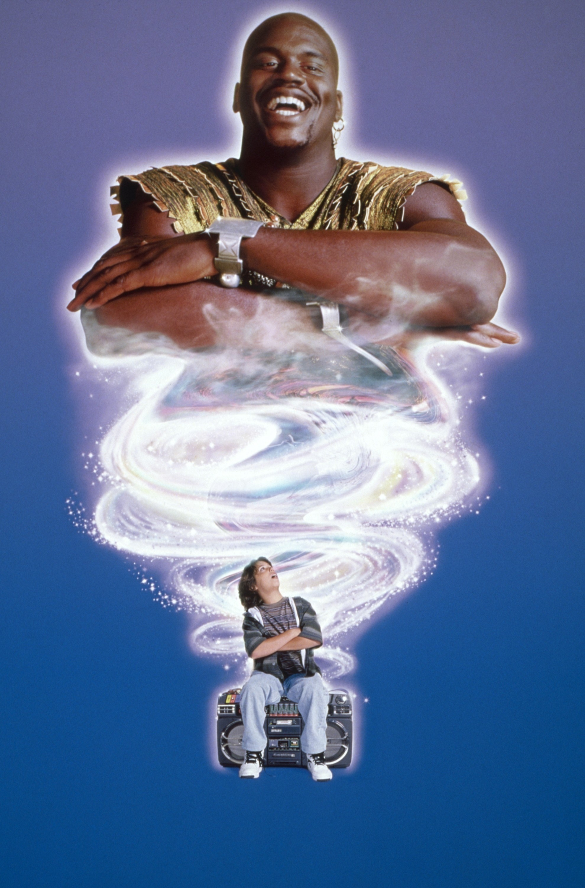 Shaq as a genie as a child looks up in awe at him