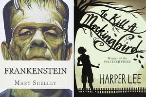 On the left, the book Frankenstein by Mary Shelley, and on the right, the book To Kill a Mockingbird by Harper Lee