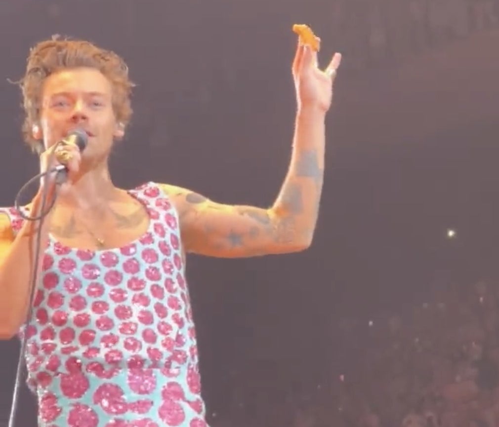 Harry Styles onstage holding a chicken nugget