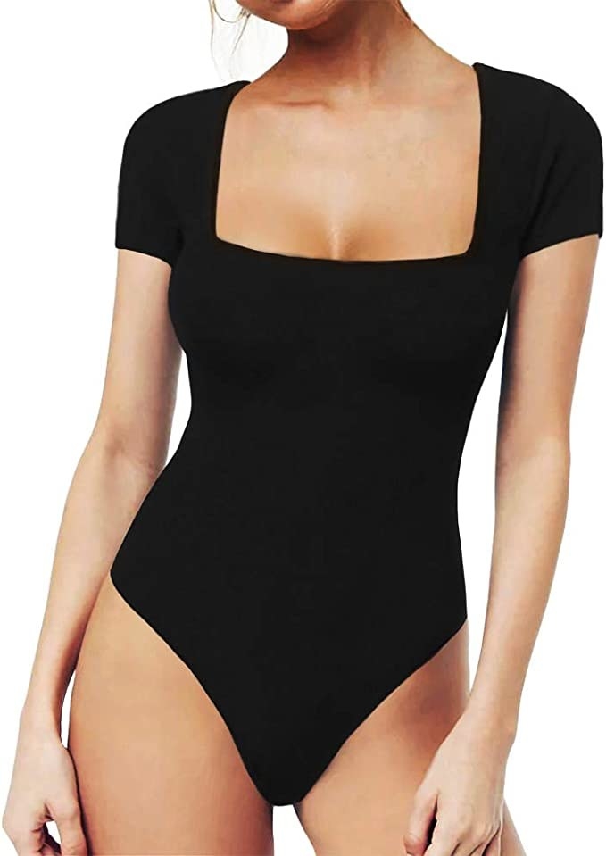 a person wearing a square neck bodysuit