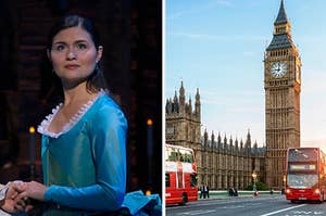 Eliza Schuyler wears a brightly colored dress and Big Ben in London