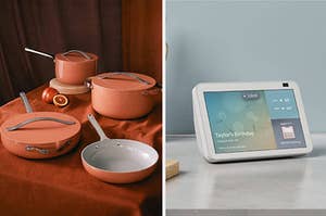 Caraway cookware on the left and an Amazon Echo Show 8 on the right