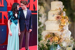 On the left, Charlie Heaton wrapping his hand around Natalia Dyer's waist on the red carpet, and on the right, a four-tiered wedding cake4 with intricate lace detailing and flowers on it
