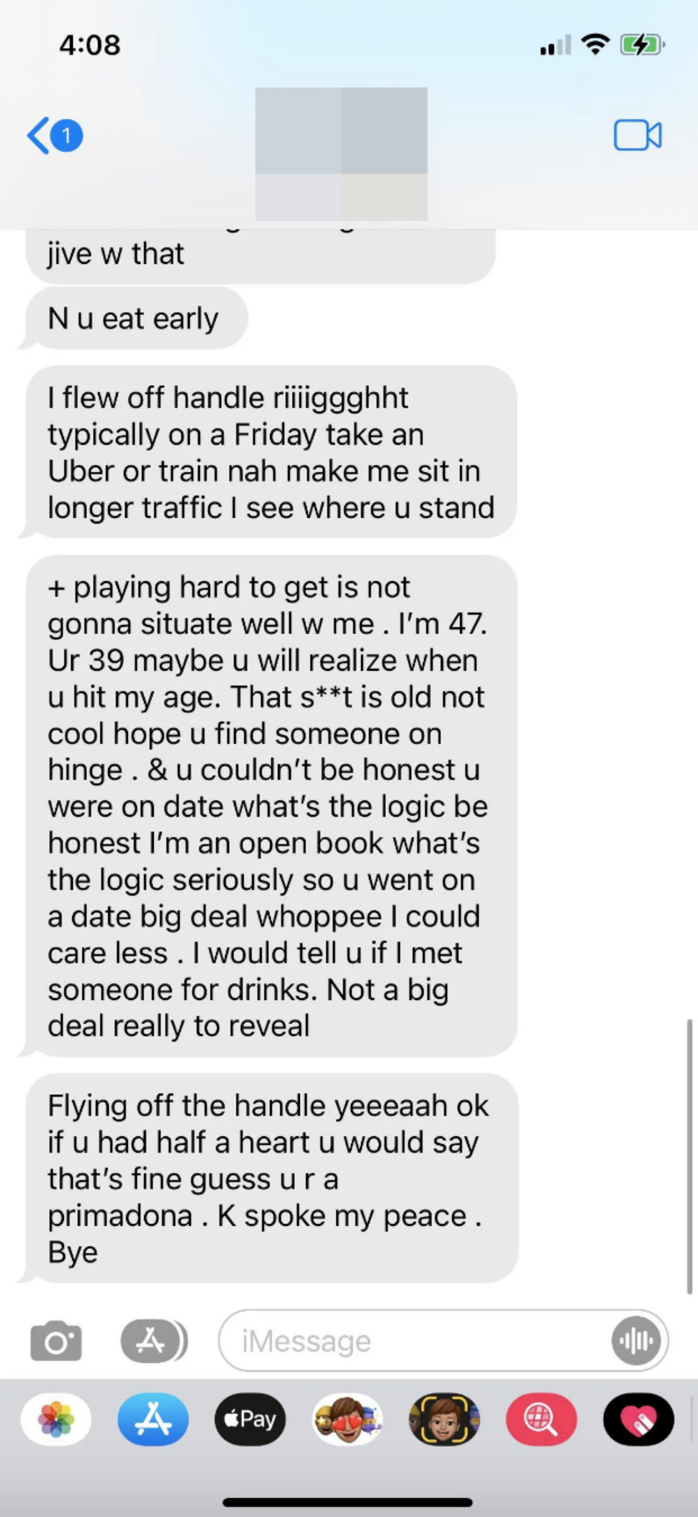 The man responds with several texts in a row complaining about the woman&#x27;s behavior and says maybe she&#x27;ll understand when she&#x27;s his age (he is 47, she is 39)