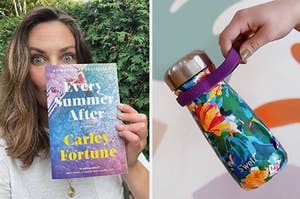 Carley Fortune with her book every summer after and a person holding a swell bottle with a grip