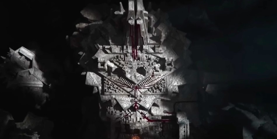 Aerial view of the Old Valyria model from the opening credits with blood dripping through it