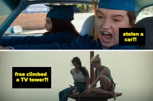 The characters from Booksmart screaming above two women sitting atop a tower.