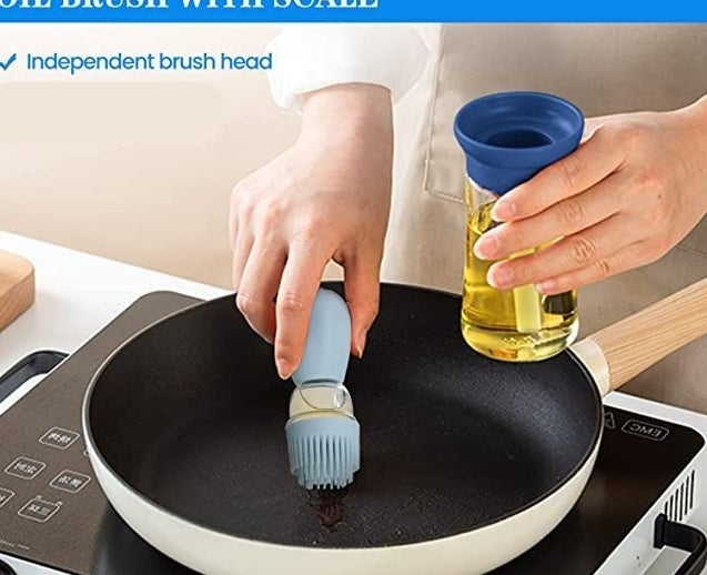 the oil dispenser being used on a frying pan