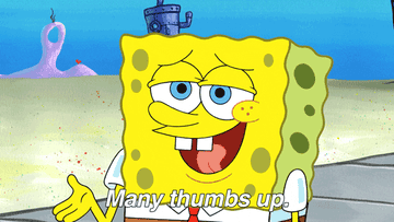 GIF of SpongeBob SquarePants with thumbs up saying, &quot;many thumbs up&quot;