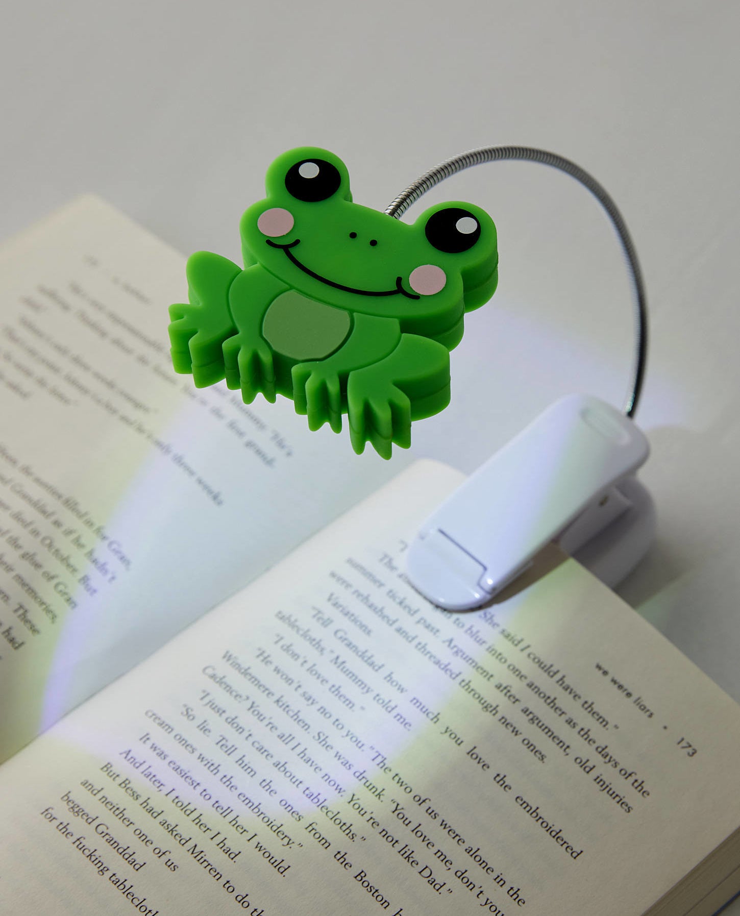 a frog-shaped booklight clipped onto an open novel