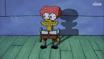 GIF of a strangely shaped SpongeBob with an exposed brain and red eyes