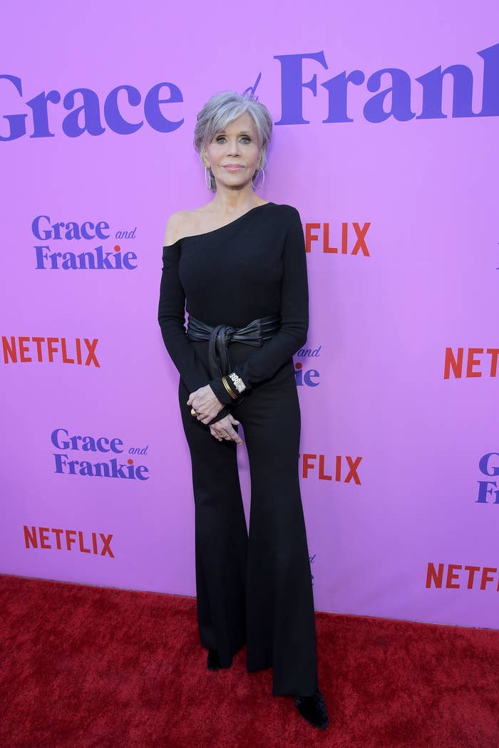 Jane poses on the red carpet for a Grace and Frankie event