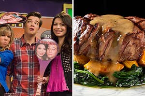 The cast of iCarly is on the left with a steak dinner on the right