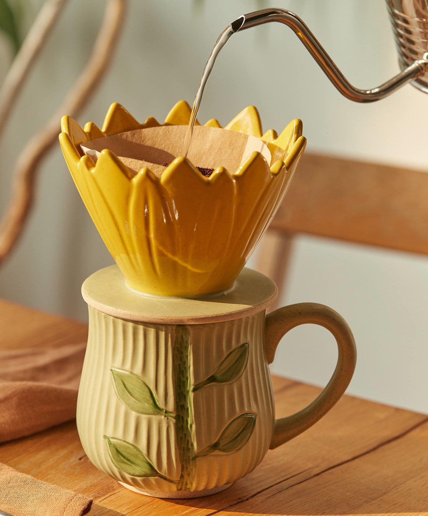 a sunflower-inspired pour-over coffee set